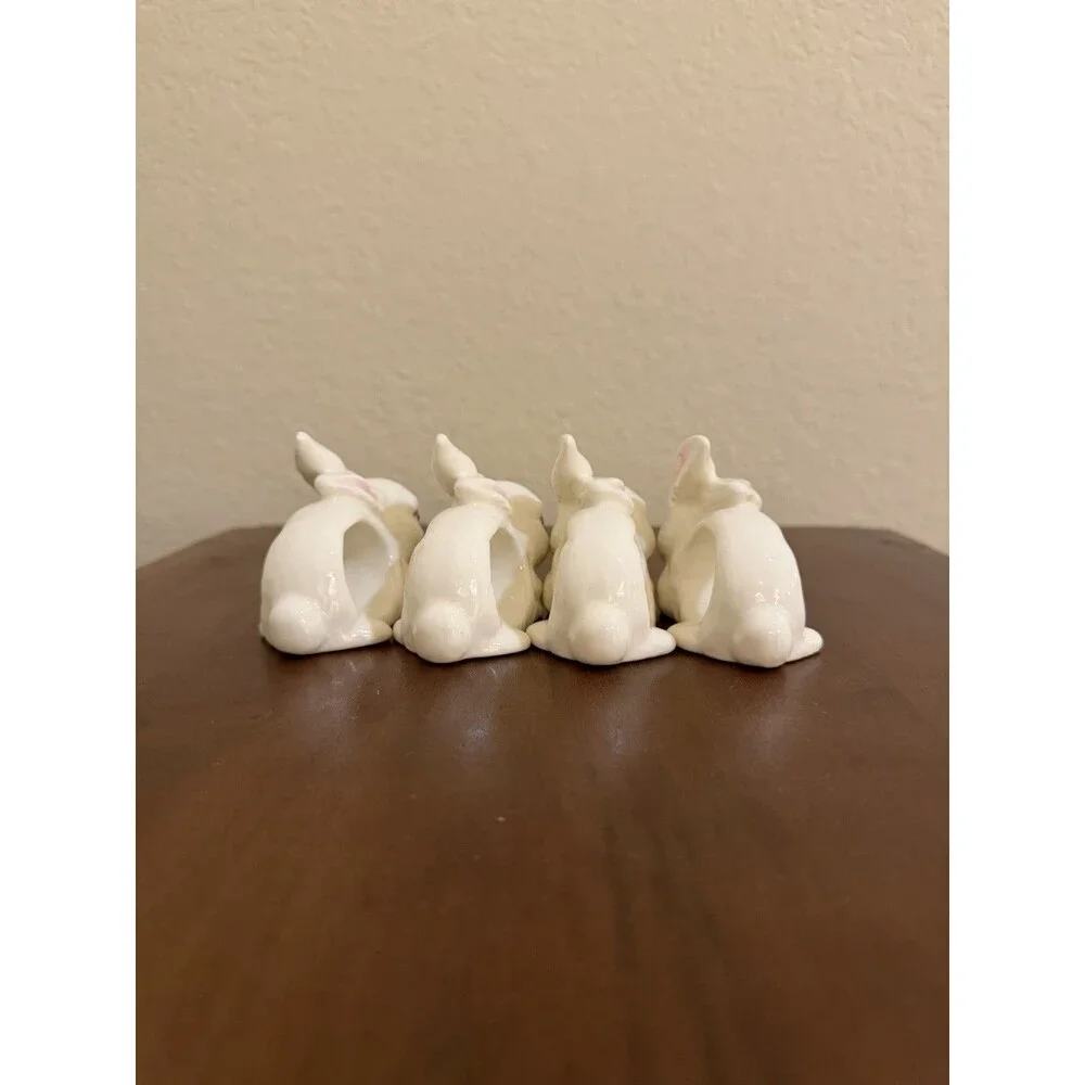 Vintage Ceramic Bunny Rabbit Napkin Rings Set of 4 White Pink Animal Theme